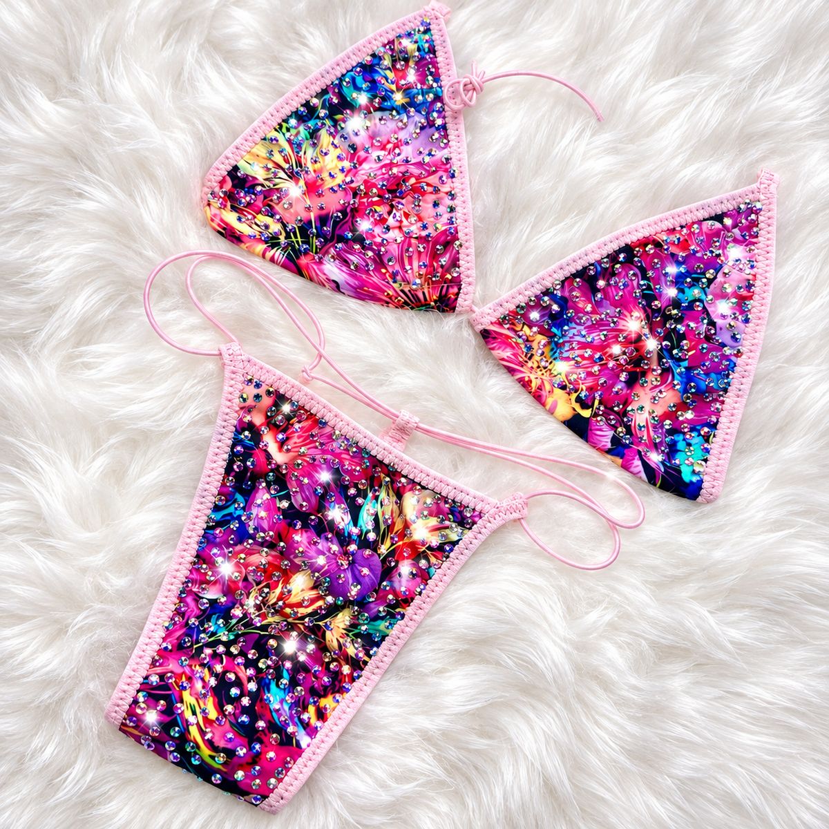 VESPERA - Hawaiian Flower Rhinestone Bikini & Fishnets
