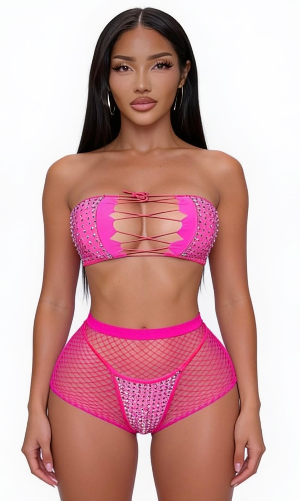 AMIRA- Neon Pink Two Piece & Fishnets