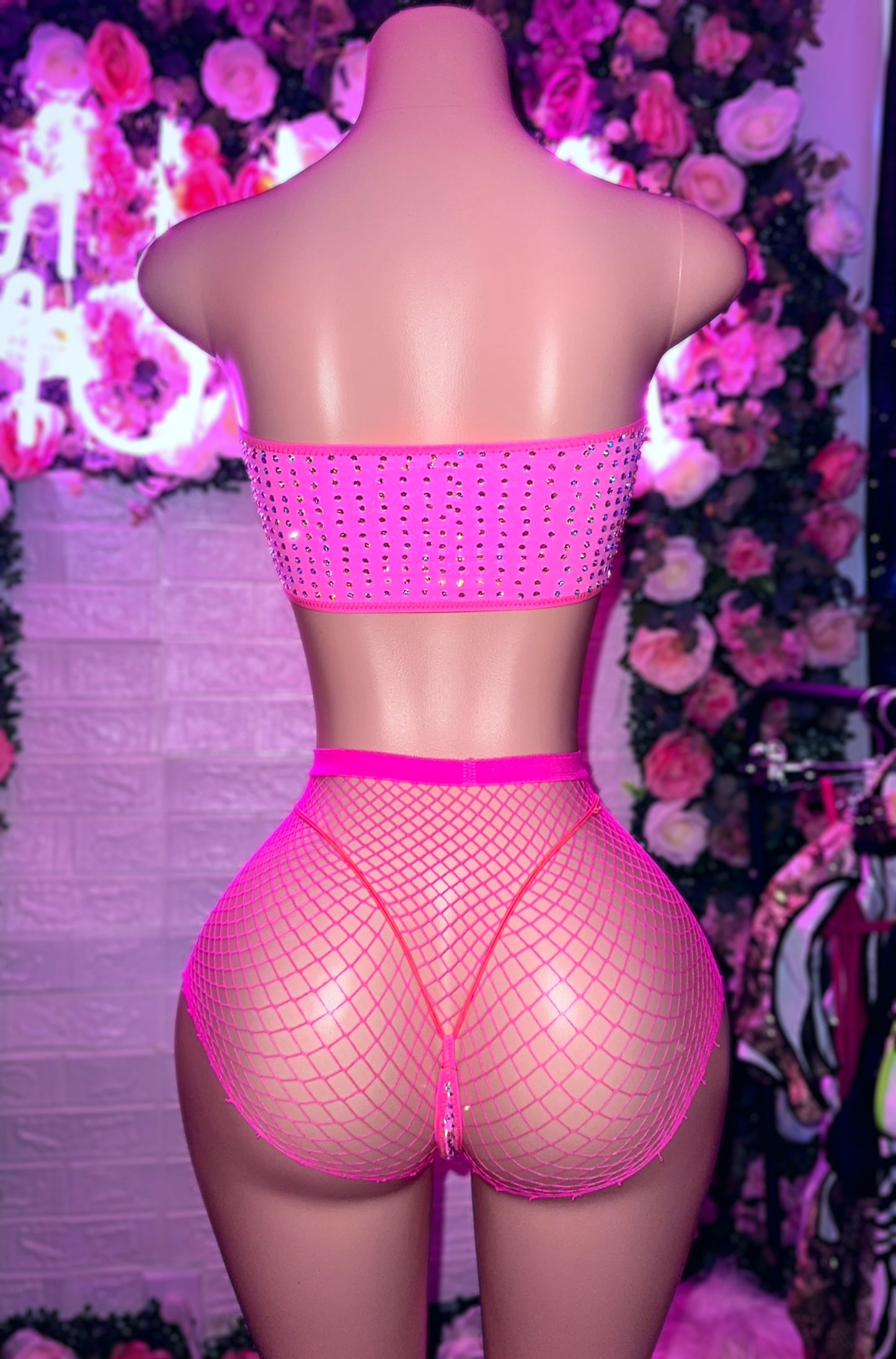 AMIRA- Neon Pink Two Piece & Fishnets