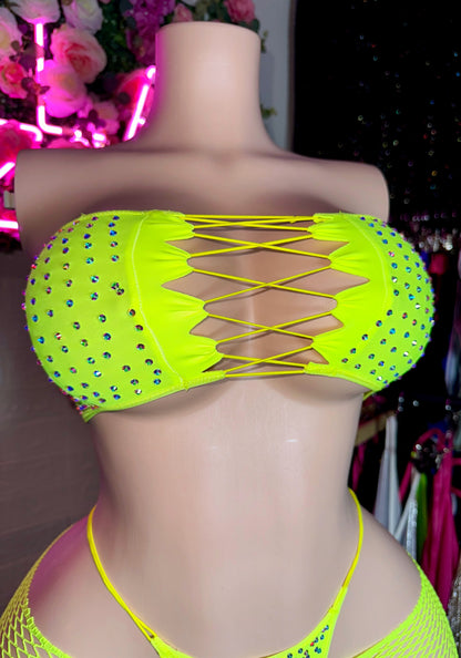 AMIRA- Neon Yellow Two Piece & Fishnets