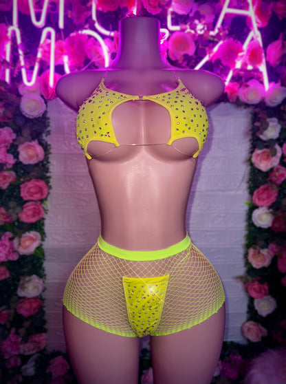 STARKINI - Neon Yellow Bikini & Fishnet