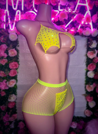 STARKINI - Neon Yellow Bikini & Fishnet