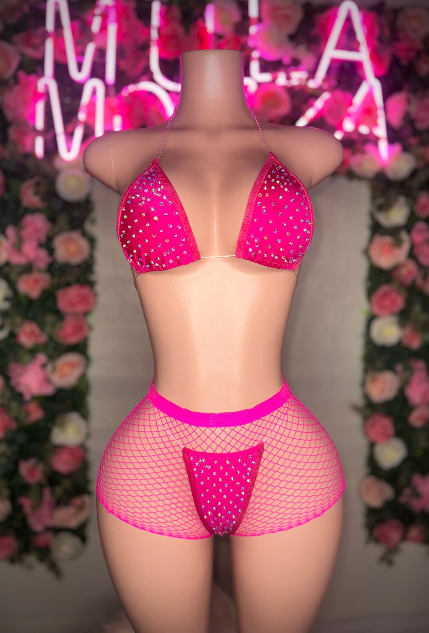 VENUS - Hot Pink Rhinestone Bikini & Fishnets