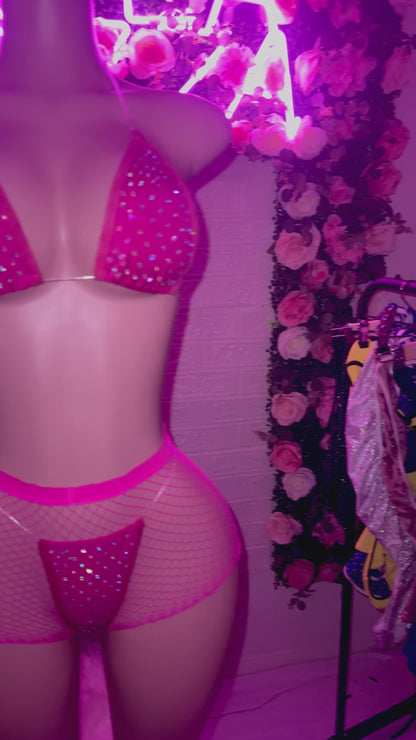 VENUS - Hot Pink Rhinestone Bikini & Fishnets