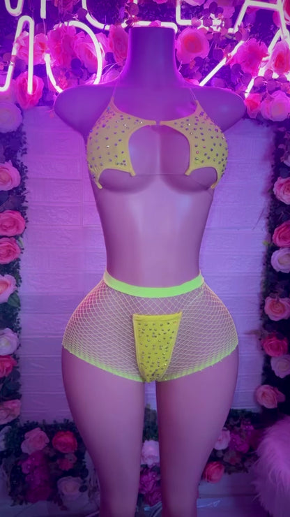 STARKINI - Neon Yellow Bikini & Fishnet