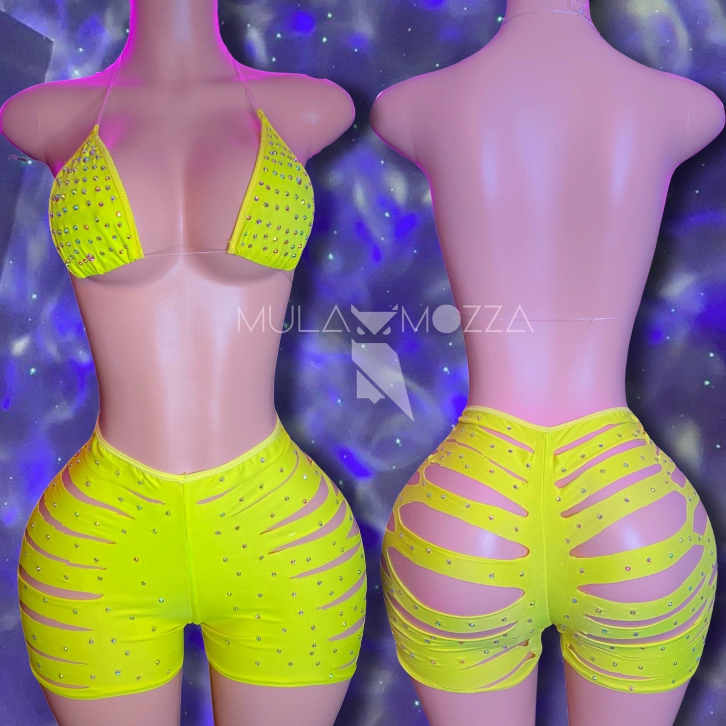 KAPRI - Neon Yellow Sliced Shorts Set